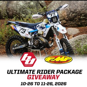 Baja Designs x FMF Ultimate Rider Package giveaway art with a dirt bike