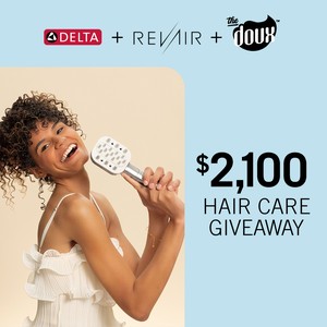 Delta Faucet x RevAir x The Doux hair care giveaway art with a woman holding a Delta VersaCurl shower tool