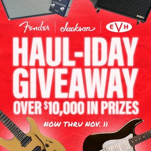 Guitar Center Fender Jackson EVH Haul-iday Giveaway art with guitars and amps