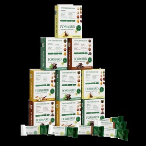 Stack of The Forward Bar protein bar boxes in chocolate chip, lemon coconut, mint chip and vanilla chai