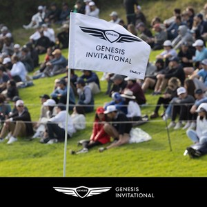 Genesis Invitational pin flag in front of a crowd of golf fans