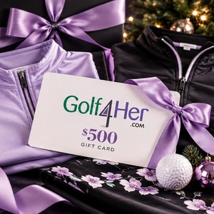 Golf4Her $500 gift card wrapped with a purple ribbon on women's golf apparel
