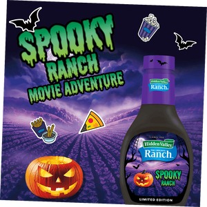 Hidden Valley Limited Edition Spooky Ranch bottle with jack-o-lantern and movie snacks