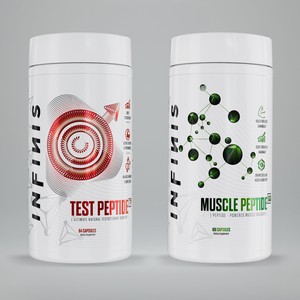 Infinis Test Peptide and Muscle Peptide supplement bottles