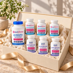 Just Thrive gift box with Good Glucose, Just Thrive Probiotic and Digestive Bitters bottles