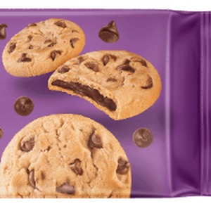 Keebler Chips Deluxe Fudge Filled chocolate chip cookies with fudge center on purple packaging