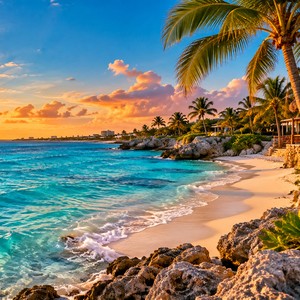 Cancun beach at sunset with palm trees, from the Klean Freak Cancun Giveaway page