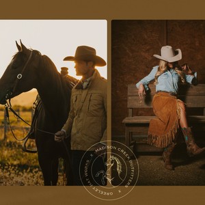 Madison Creek and Greeley Hat Works Great American Outdoors giveaway art with a cowboy, a cowgirl and a horse