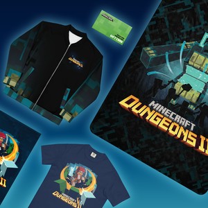 Minecraft Dungeons II merch bundle with bomber jacket, blanket, T-shirt and gift card from the official Minecraft Shop