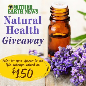 Mother Earth News Natural Health Giveaway art with an essential oil bottle and lavender