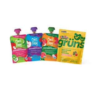 Once Upon a Farm Organic Electrolyte Blends pouches next to a Grüns Kids gummies pack