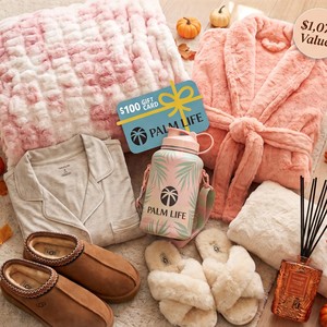 Palm Life cozy fall bundle with Minky blanket, robe, UGG slippers, PJs and HydroJug