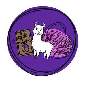Peace Coffee Fair Trade Month giveaway art with chocolate bar, alpaca stuffie and gift basket